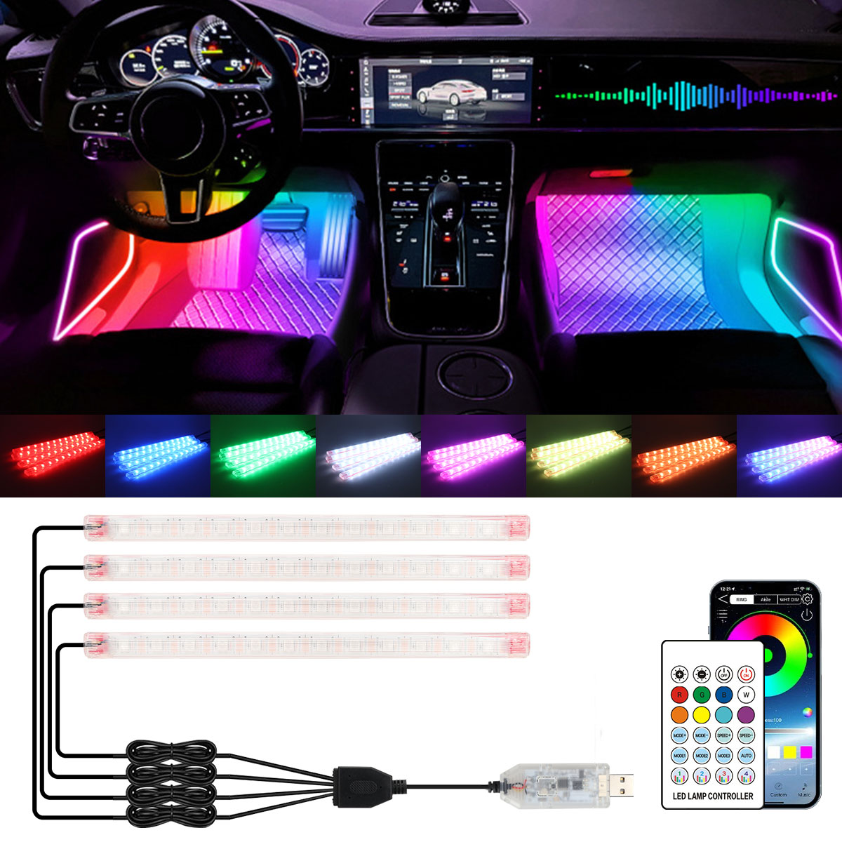 Led Ambient Interior Car Lights App Control - Lampe décorative d'ambiance LED RGB arc-en-ciel